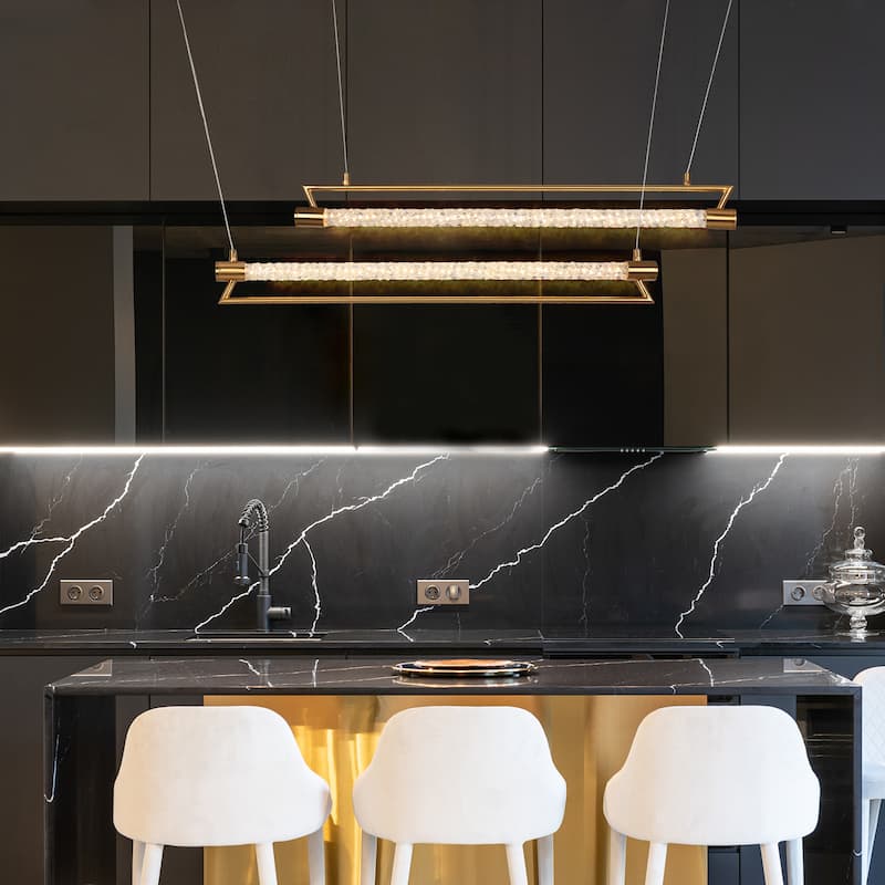 Modern 2-Tier Gold LED Linear Island Chandelier for Kitchen Island Dining Room - W42" x H66.5" Max