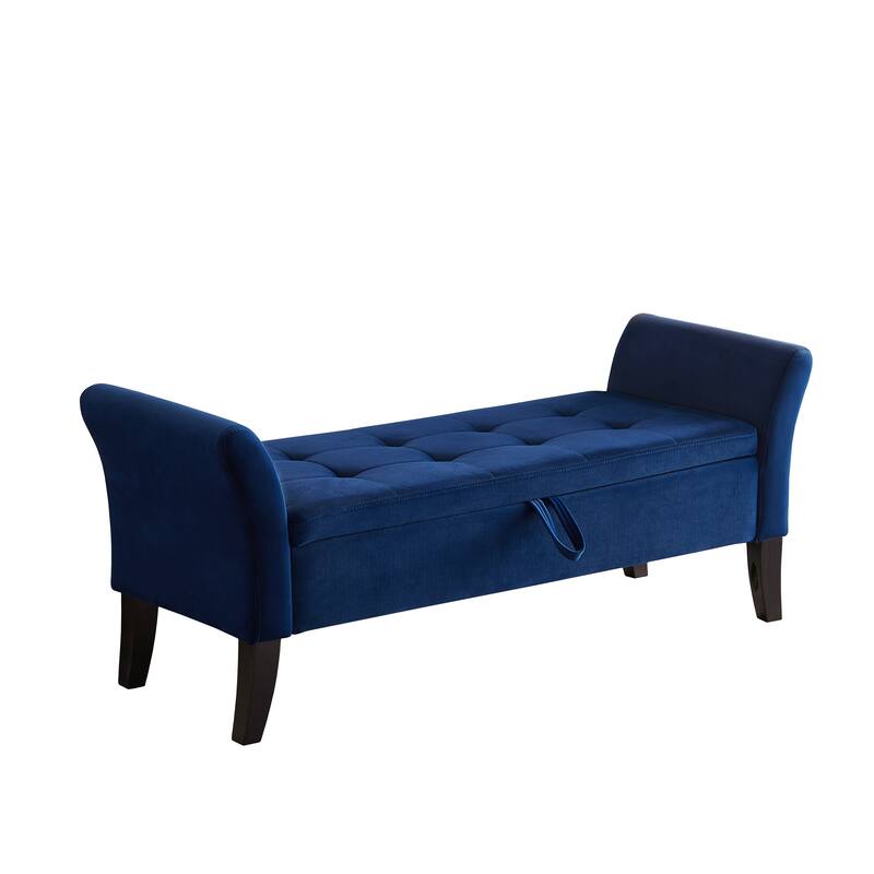 Ottoman Bench Leisure Bench with Solid Wood Legs and Armrests, Upholstered Flip End of Bed Bench with Safety Hinges