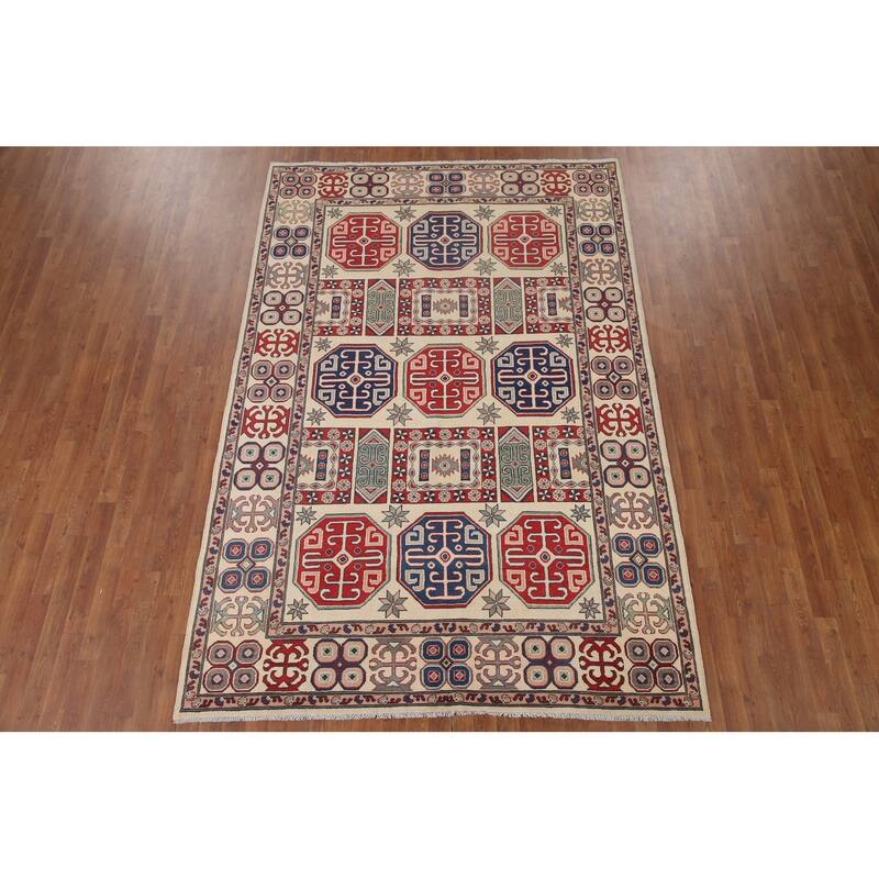 Hand Knotted Oriental 100% Wool Carpet Traditional All-Over Beige & Ivories Kazak Area Rug - 9' 7'' X 6' 6''