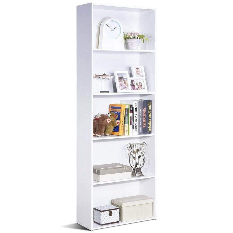 Modern 5-Tier Bookcase Storage Shelf in White Wood Finish - 23.5" x 9.5" x 67" ( L x W x H )