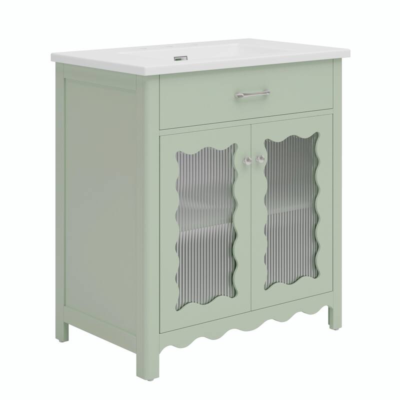 31" Bathroom Vanity with Tempered Glass - Modern Cabinet with Rubber Wood Legs and Soft-Close Doors