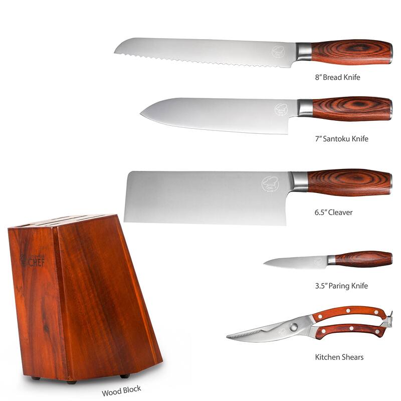 COMMERCIAL CHEF 6 Piece Kitchen Knife Set, Knife Set with Block, Kitchen Knives