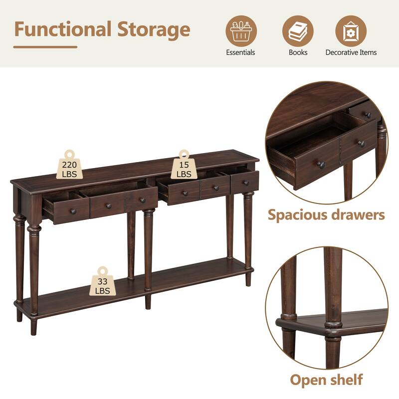 59.8" Retro Console Table with 4 Drawers and Open Shelf for Entryway, Living Room