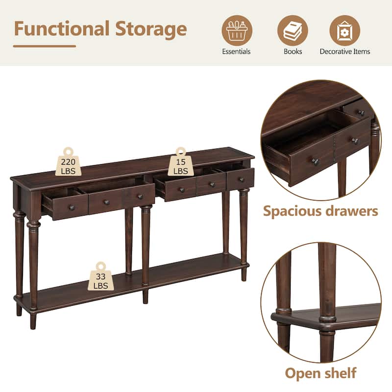 59.8" Rustic Entryway Console Table with 4 Drawers and Open Shelf, Retro Pine Veneer Hallway Accent Table