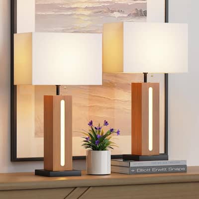 Table Lamps Set Of 2, Modern Dimmable Bedside Lamp With LED Nightlight, Square Wood Grain Nightstand Lamps With Linen Shades