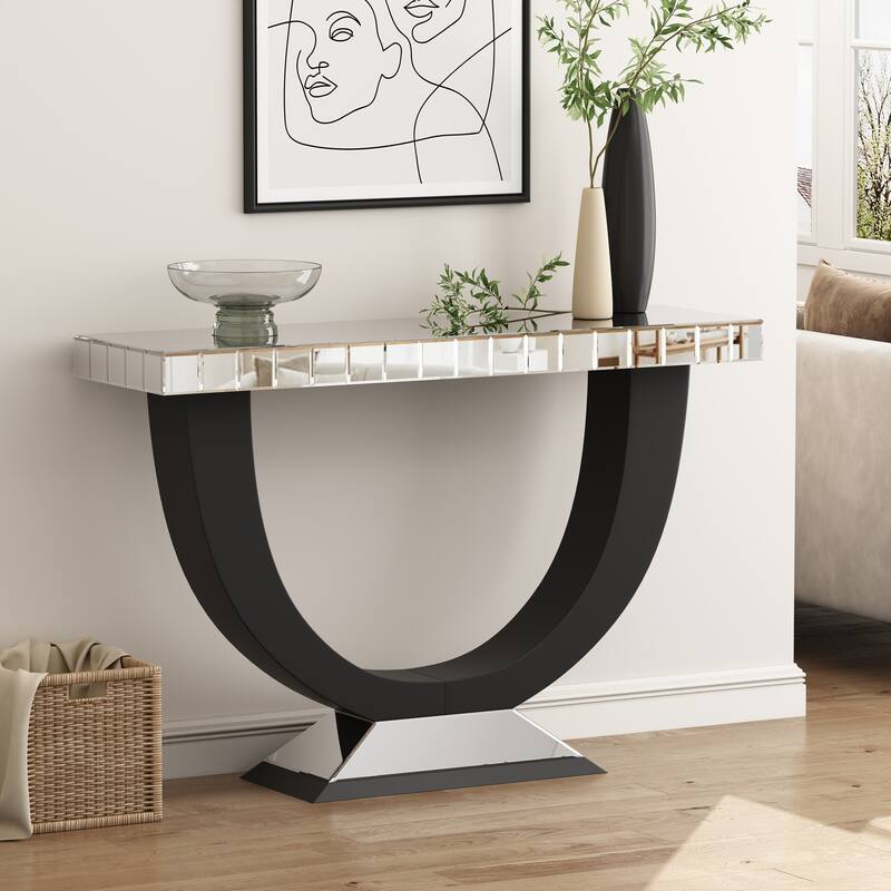 Modern Mirror Console Table with U-Shaped Black Wood Base - Silver
