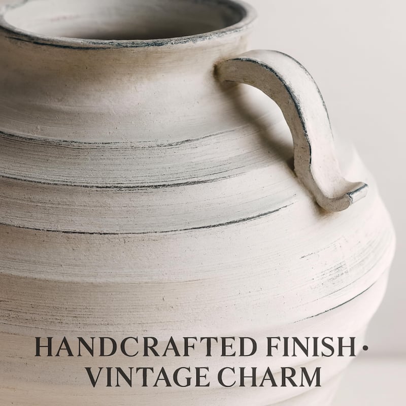 Bohemian Ceramic Urn Vase with Handles White Wash Vintage Finish
