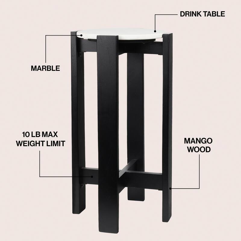 Elena 24″ Minimalist Structured Wood Drink & End Table, White Marble Round Top, By JONATHAN Y