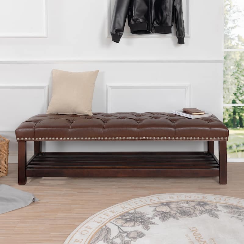 Christopher Knight Home - Florian Tufted Upholstered End of Bed Bench with Nailhead Trim and Shelf - DarkBrown