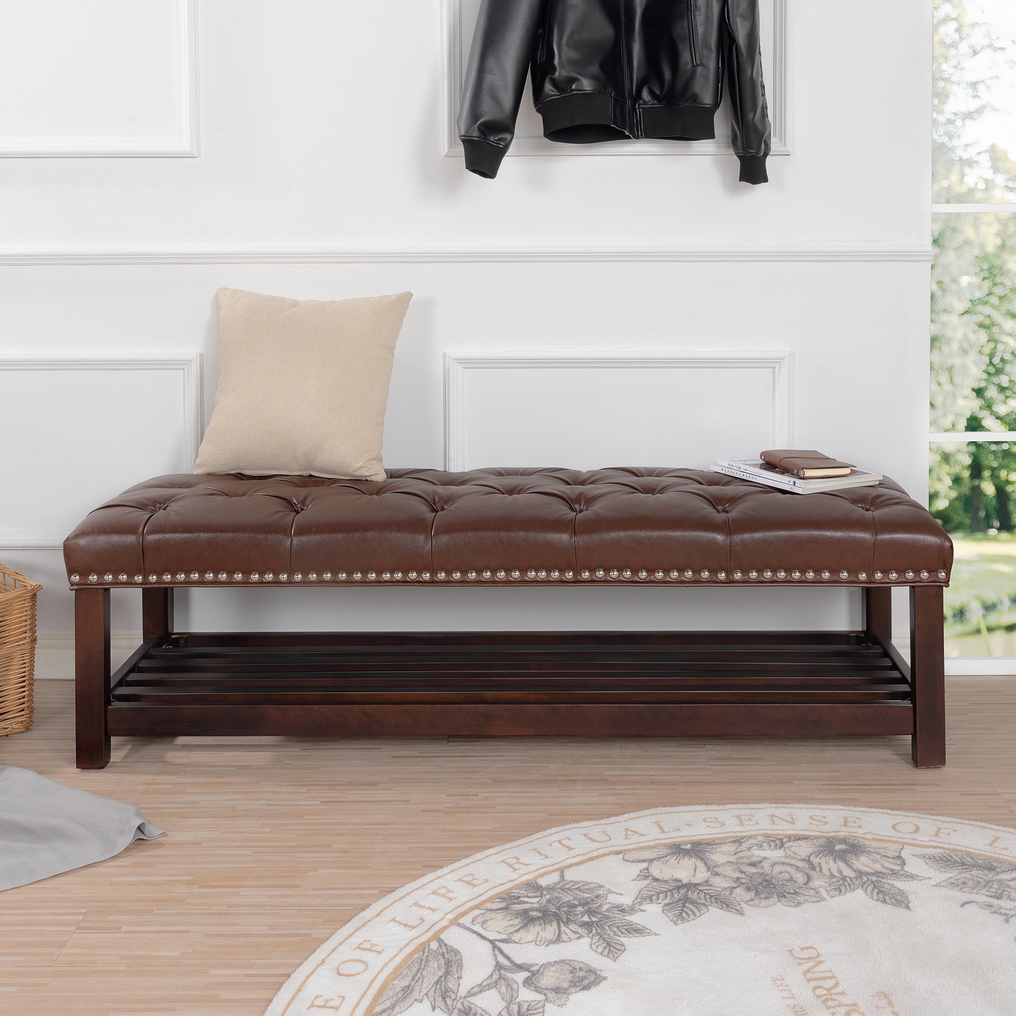 Wooden Base Upholstered Bench with Nails