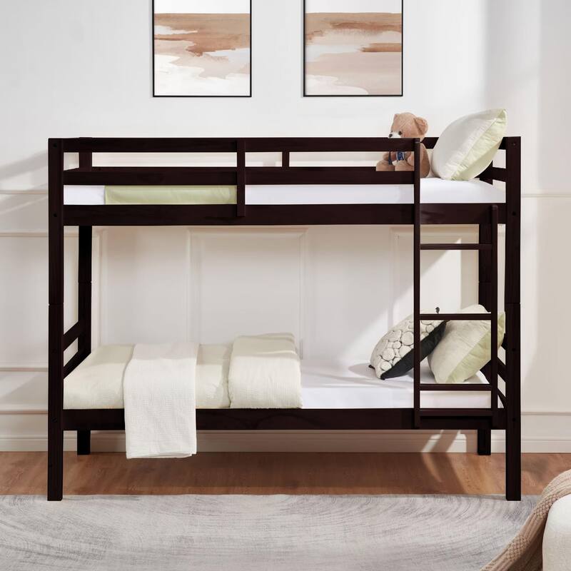 Twin Bunk Bed,Wooden,High Guardrail,Ladder,Kids Teens,Dorm Guest