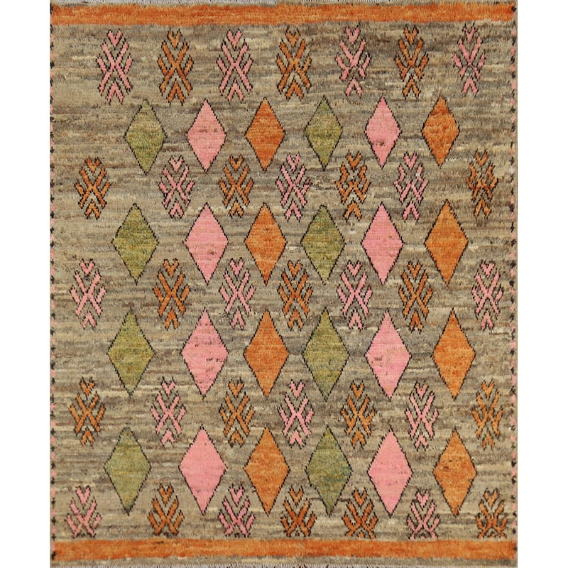 Geometric Moroccan Square Area Rug Hand-Knotted Wool Carpet - 5'9" x 6'4"
