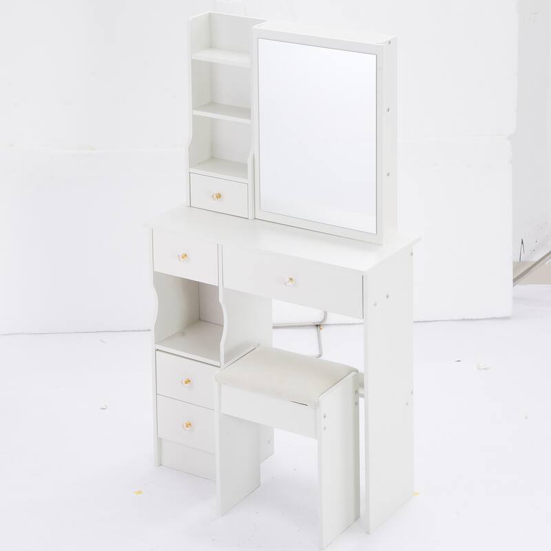 29.2" Compact Left-Drawer Vanity Set with Cushioned Stool and Sliding Mirror