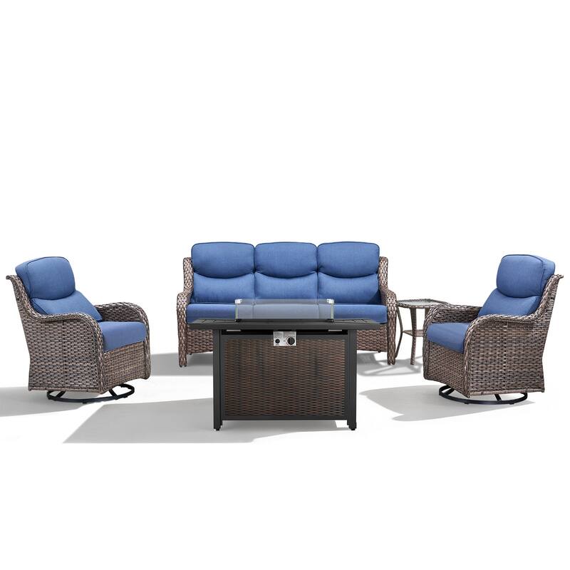 Meyreso 5-Piece Outdoor Patio Metal Fire Pit Wicker Conversation Set with 5-Inch Thick Olefin Cushions