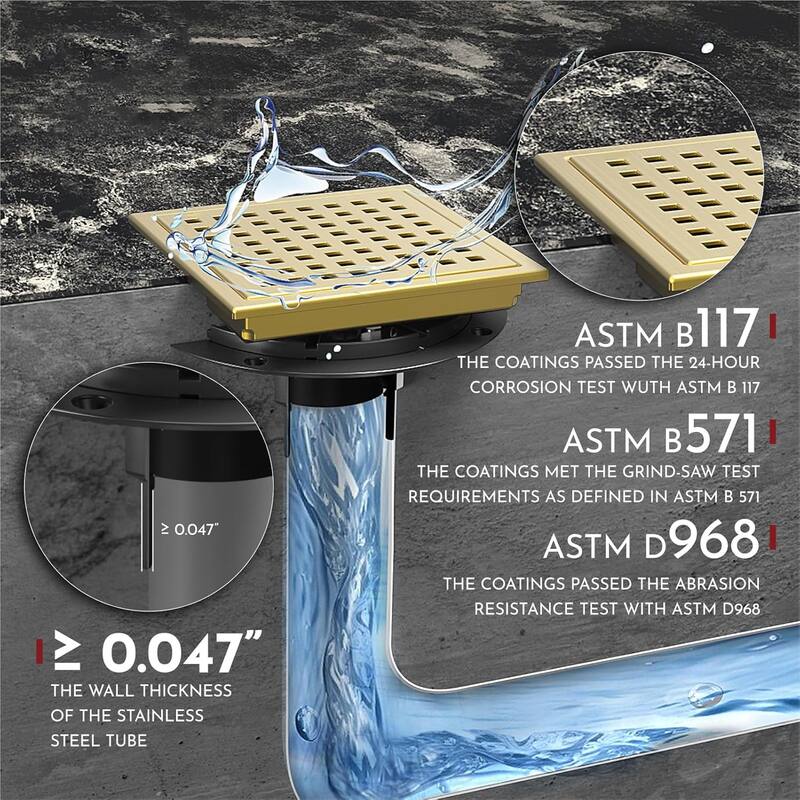 6-Inch Square Shower Floor Drain, Quadrato Pattern Grate - 6 inch