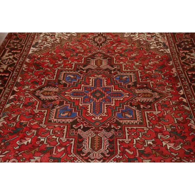 Geometric Heriz Persian Vintage Area Rug Hand-Knotted Red Wool Carpet - 7'5"x 10'9"