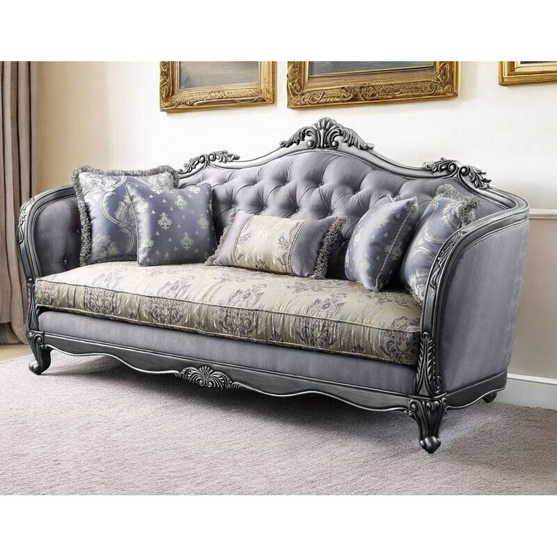 HomeRoots 89" Platinum Imitation Silk Damask Sofa And Toss Pillows - 89