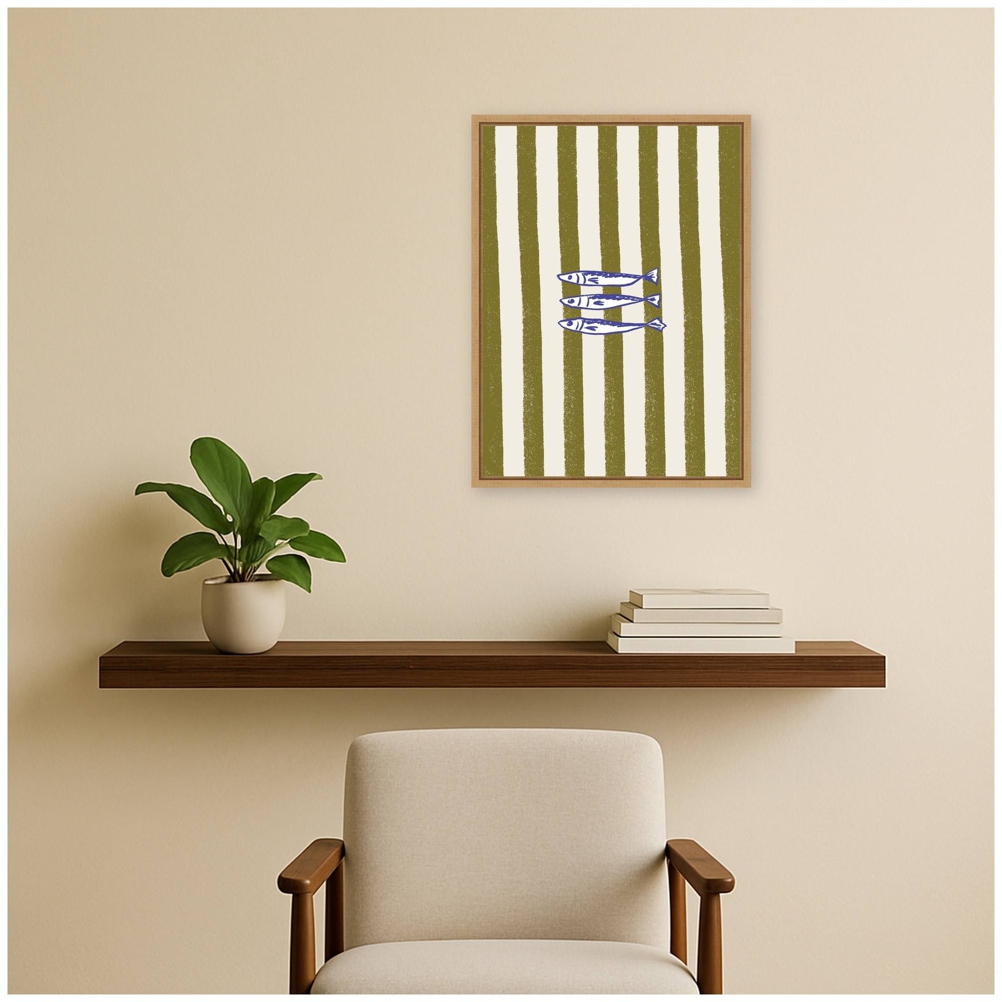 Kate and Laurel Fish Print Vintage Stripe Kitchen by Laura Moss Framed Canvas Wall Art Print