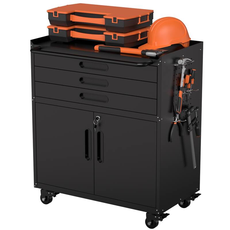 34.3" Rolling Metal Tool Cabinet, Heavy Duty Garage Storage with Lockable Doors & 3 Drawers, Mobile Workbench Organizer