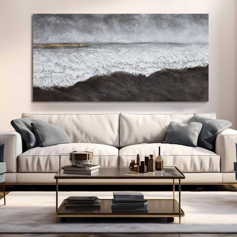 Black Abstract Wall Art White Painting Contemporary - 24 x 48