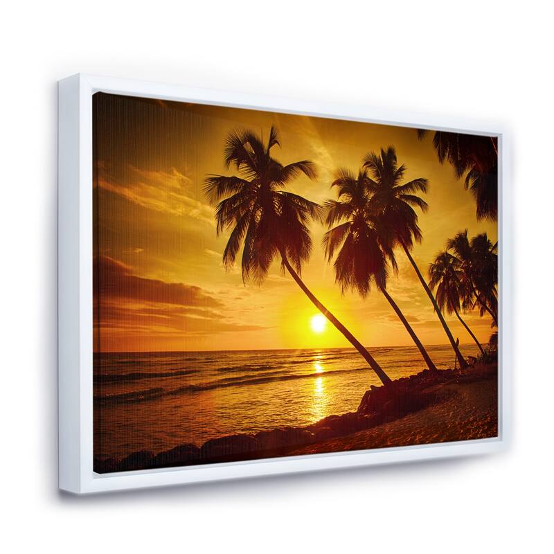 Designart "Beach Sunset in Island Barbados" Modern Seascape Framed Canvas Artwork Print - 20 in. wide x 12 in. high - White