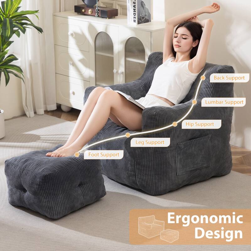 Corduroy Memory Foam bean bag Sofa With Ottoman