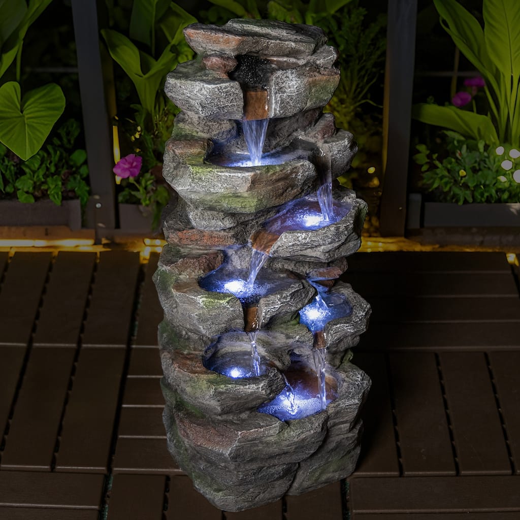 Rock Waterfall Outdoor Fountain with LED Lights, Stone Garden Fountains Outdoor Décor for Patio Lawn Backyard Cascading