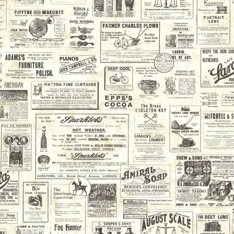 Chesapeake Adamstown Cream Vintage Newspaper Wallpaper - 20.5in x 396in x 0.025in