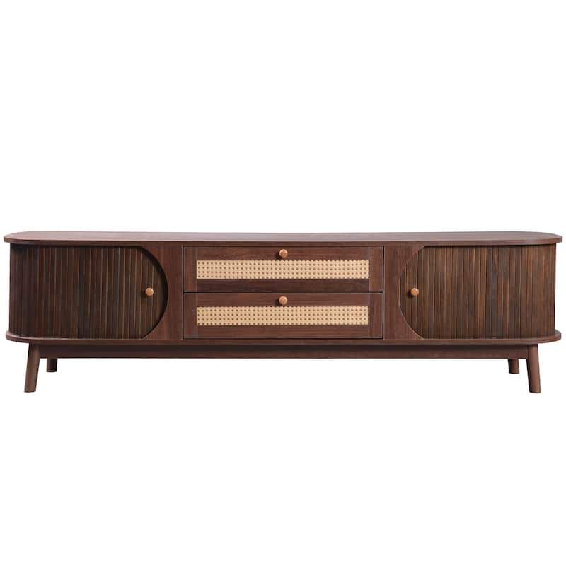 Natural Wood+Brown 66" TV Stand with Wood Legs & Rattan Drawers for TVs Up to 75"