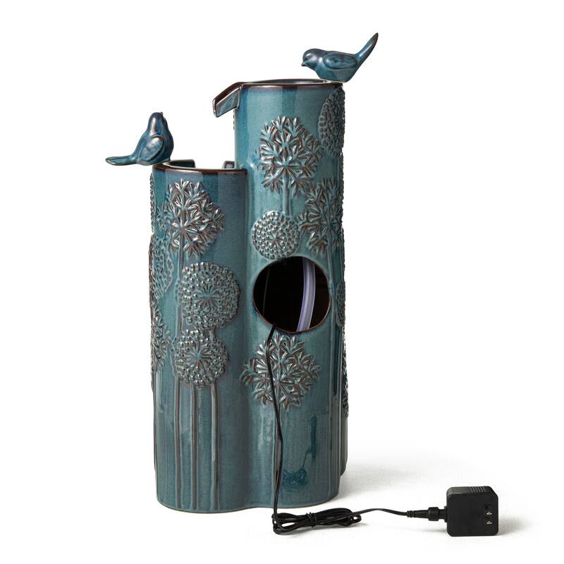 Glitzhome 27" H 4-Tier LED Ceramic Outdoor Floor Fountain with Birds, Cobalt Blue Turquoise Dandelion Texture Vase-Shaped