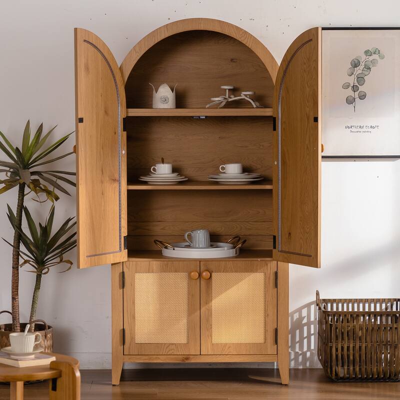 Arched Kitchen Pantry Cabinet, Arched Bookcase with Rattan Doors, Freestanding Storage Cabinet with Adjustable Shelves