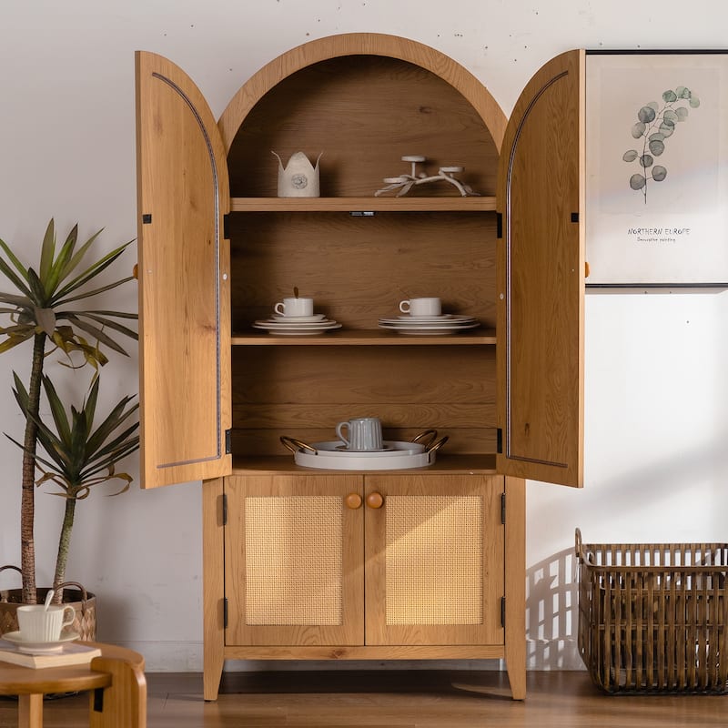 Farmhouse Arched Pantry Cabinet with Rattan Doors & Adjustable Shelves, 63'' Freestanding Storage Cupboard