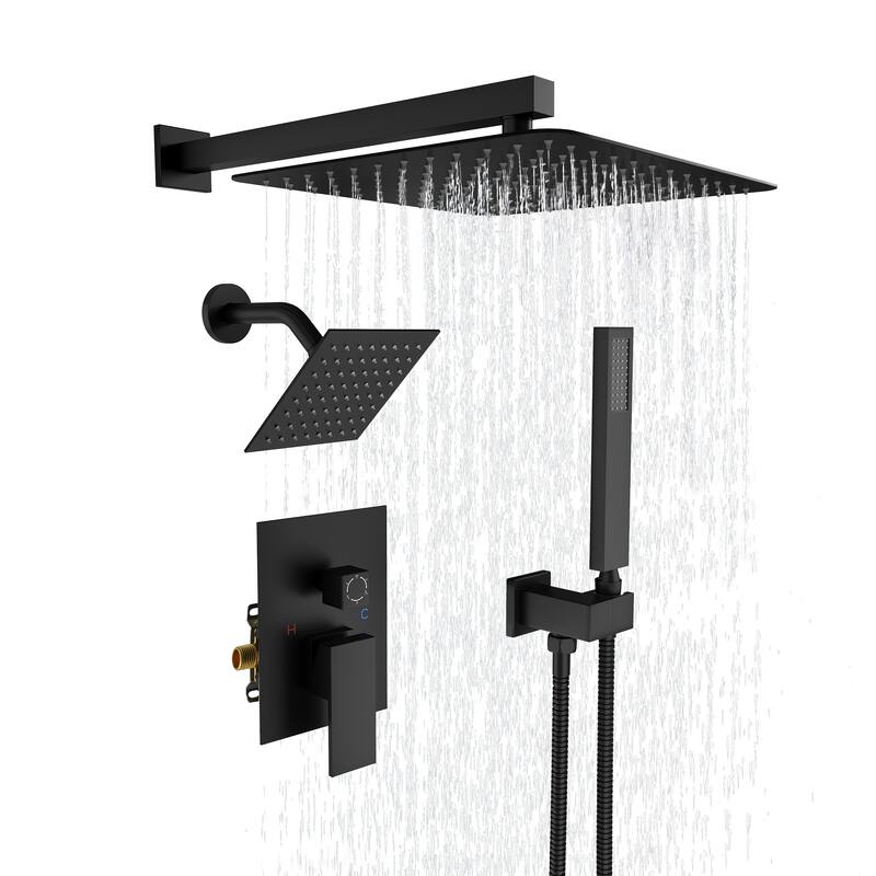 3-Spray Square 12 and 6 in. Dual Wall Mount Fixed and Handheld Shower Head in Matte Black, Valve Included - 12" x 12"