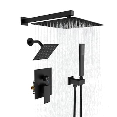 3-Spray Square 12 and 6 in. Dual Wall Mount Fixed and Handheld Shower Head in Matte Black, Valve Included - 12" x 12"