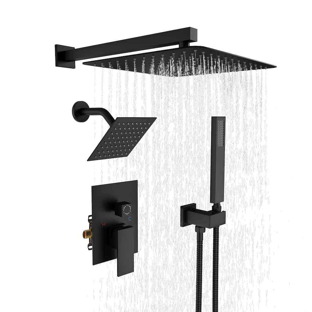 3-Spray Square 12 and 6 in. Dual Wall Mount Fixed and Handheld Shower Head in Matte Black, Valve Included - 12" x 12"
