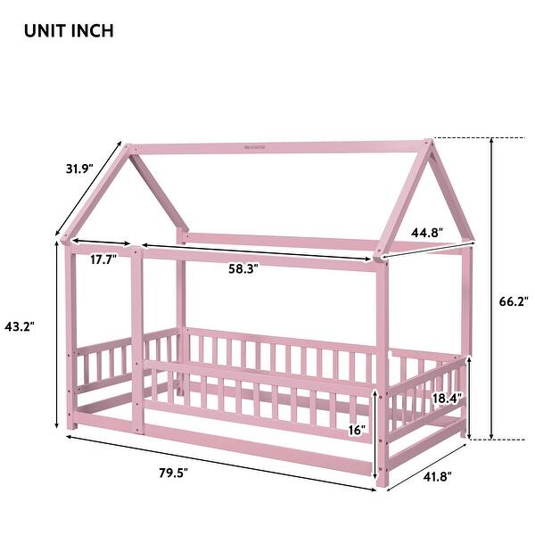 dimension image slide 3 of 4, Twin House Frame Floor Bed with Safety Rails, Great for Kids