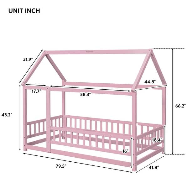 dimension image slide 1 of 4, Twin Size Wooden Floor Bed with House Roof Frame, Fence Guardrails for Kids, Bedroom