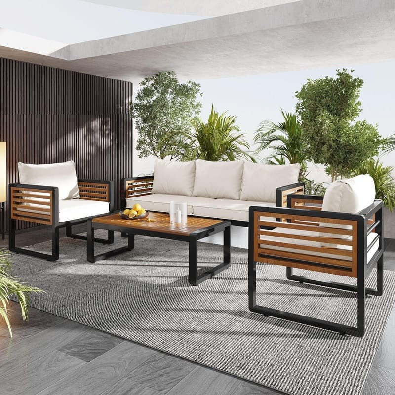 5-Person Outdoor Conversation Set with Removable Cushions and Stylish Metal Frame and Acacia Wood