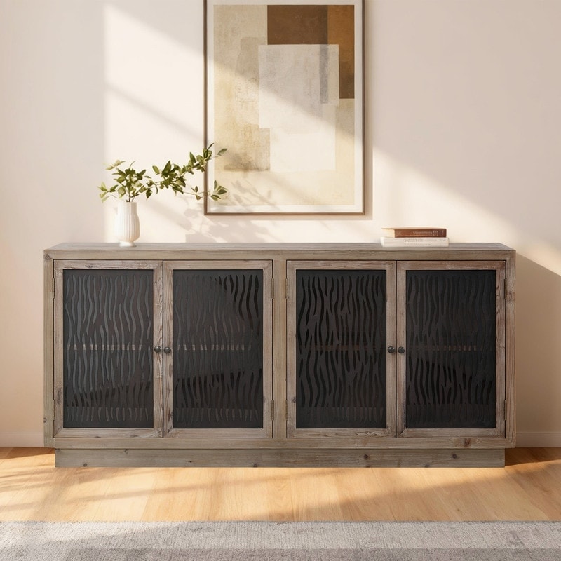 Spruce & Spring Rustic Solid Wood Sideboard Buffet Cabinet with Iron Inlay, Vintage Farmhouse Storage
