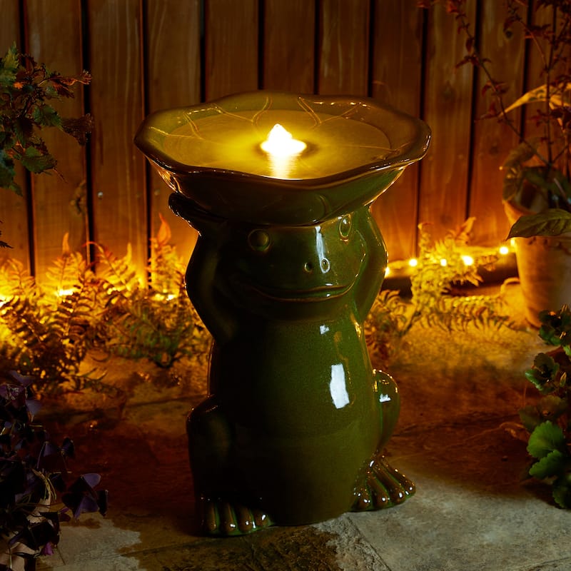Glitzhome 21.5"H Ceramic Outdoor Floor Fountain Frog Hold a Lotus Birdbath with LED Light