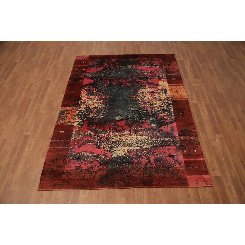 Hand Knotted Oriental Viscose Silk Carpet Modern All-Over Pink Abstract Area Rug - 7' 6'' X 5' 4''