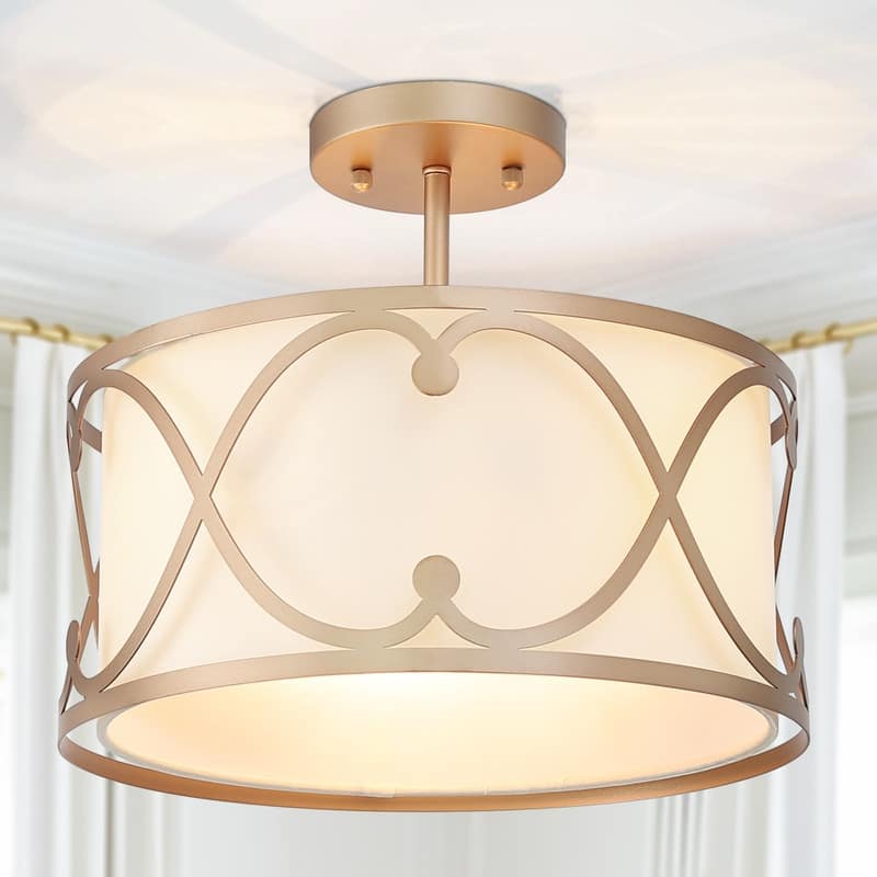 Mid-century Modern Gold Semi-Flush Mount Drum 3-light Crown Fabric Ceiling Light - D 13"x H 11" - D 13"x H 11" - Matte Rose Gold