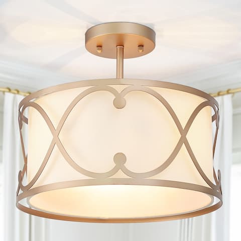 Mid-century Modern Gold Semi-Flush Mount Drum 3-light Crown Fabric Ceiling Light - D 13"x H 11"