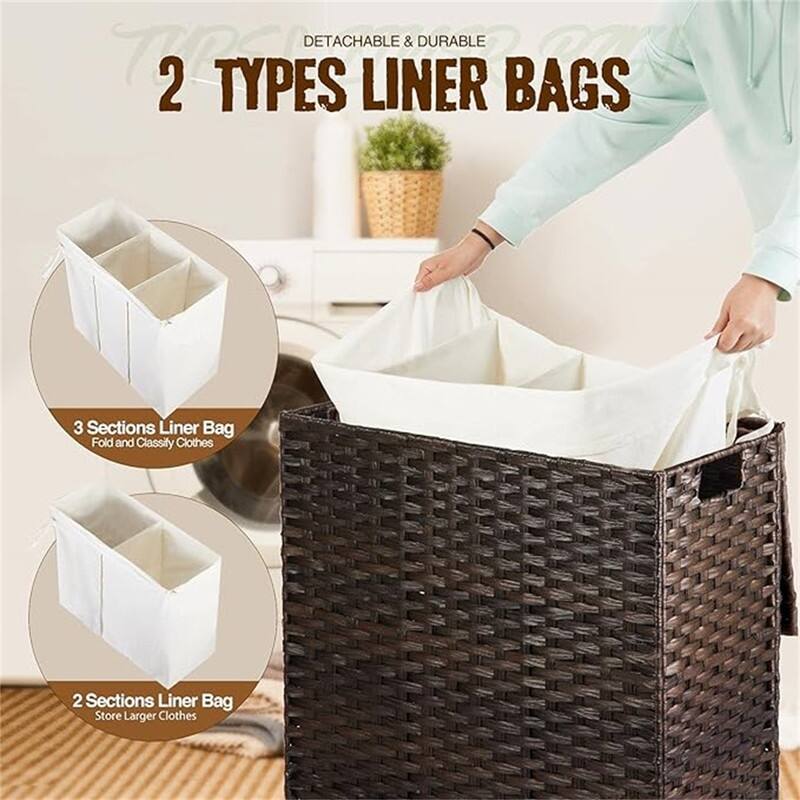 Laundry Hamper with Lid, 125L Large Clothes Hamper with 3-Section and 2-Section - 25.6"L x 13"W x 23.6"H