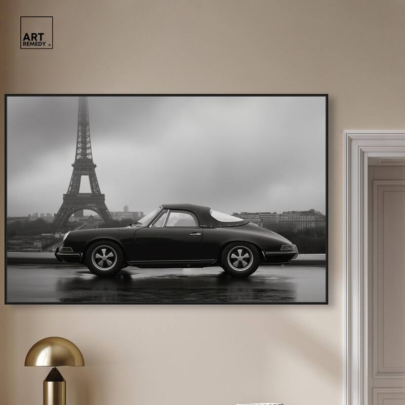 Classic Car and Eiffel Noir Canvas by Art Remedy