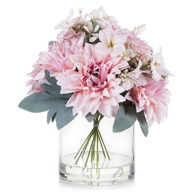 Enova Home Mixed Artificial Silk Dahlia Fake Flowers Arrangement in Clear Glass Vase with Faux Water for Home Office Decoration