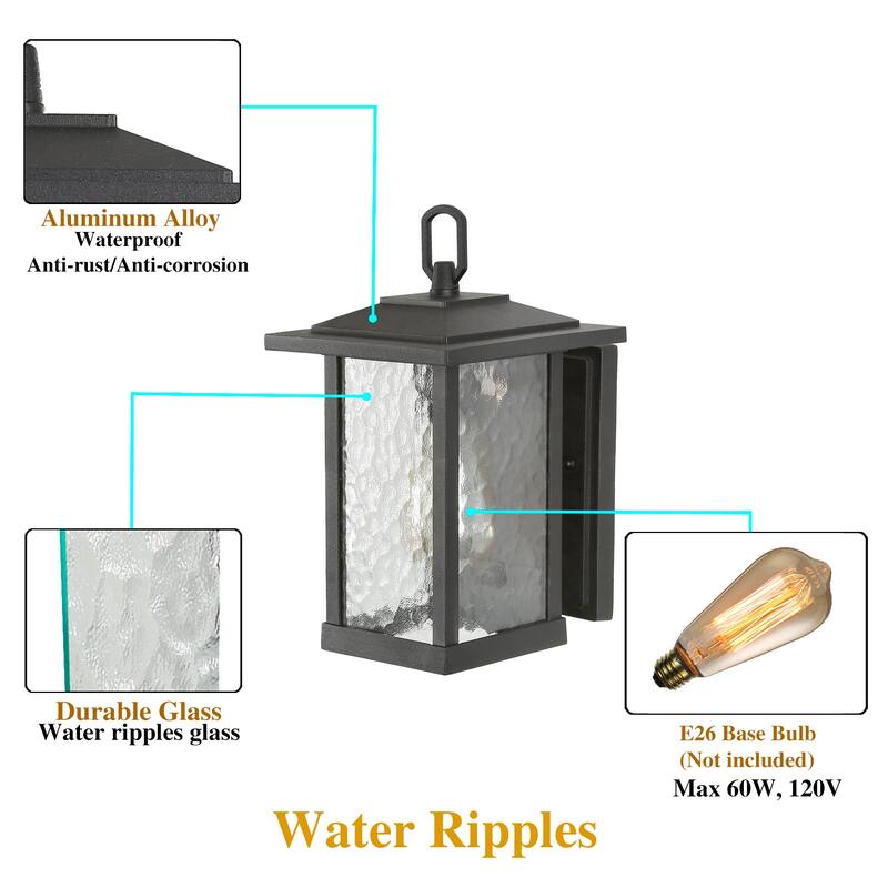Farmhouse 1-Light Black Outdoor Wall Lantern Glass Patio Wall Sconce - L7"X W12" X H12"