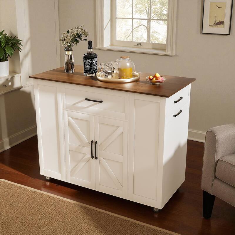 46" Rolling Kitchen Island with Power Outlet, Storage Drawers, Adjustable Shelf & Wood Top for Kitchen Dining Room
