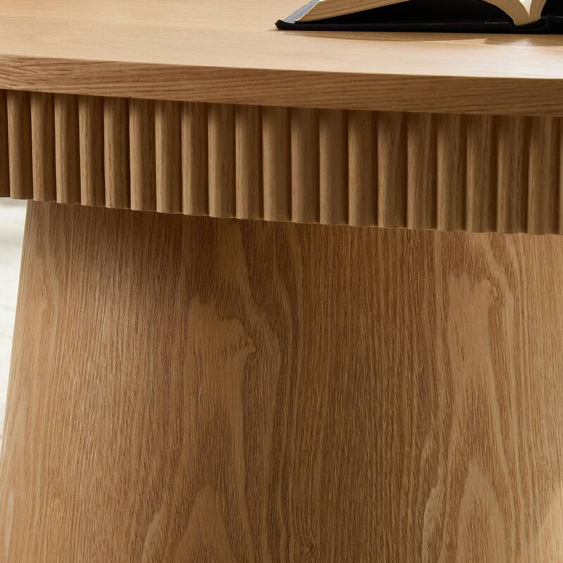 Ellipse Drum Accent Table Modern Oval Handcraft Coffee Table with Fluted Design and Sturdy Pedestal for Living Room