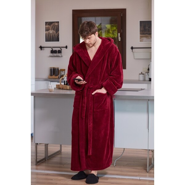 Red fluffy dressing gown with hood